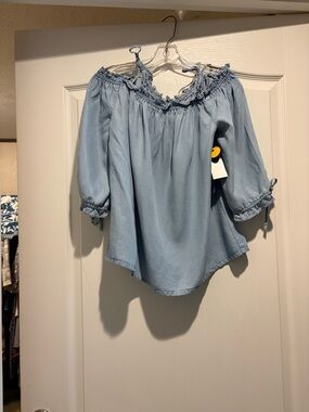 a.n.a Light Blue Off-Shoulder Ruffle Peasant Blouse
